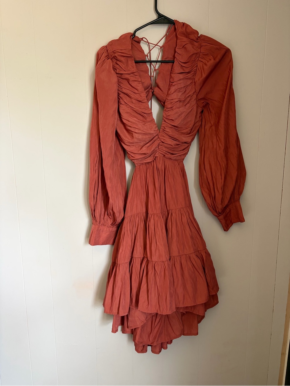 Mustard seed Ruched Deep V Tiered Long-Sleeve Dress in Terracotta